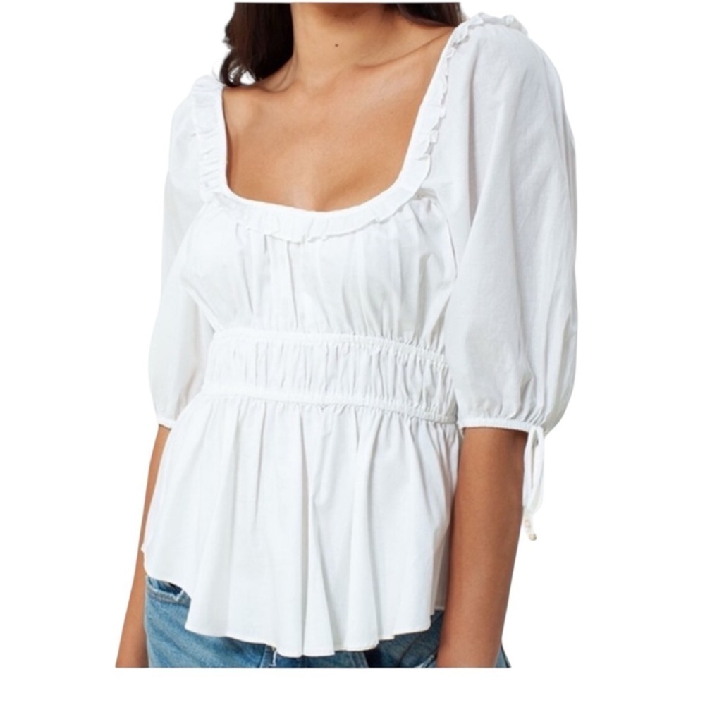 Hale Bob White Puff Sleeve Smocked Peplum Blouse